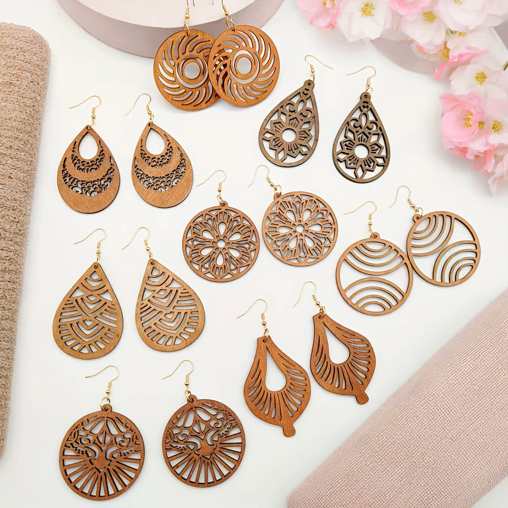 Boucles d'oreilles élégantes à pendentif creux en bois irrégulier marron