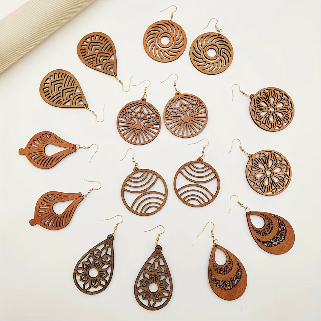 Boucles d'oreilles élégantes à pendentif creux en bois irrégulier marron