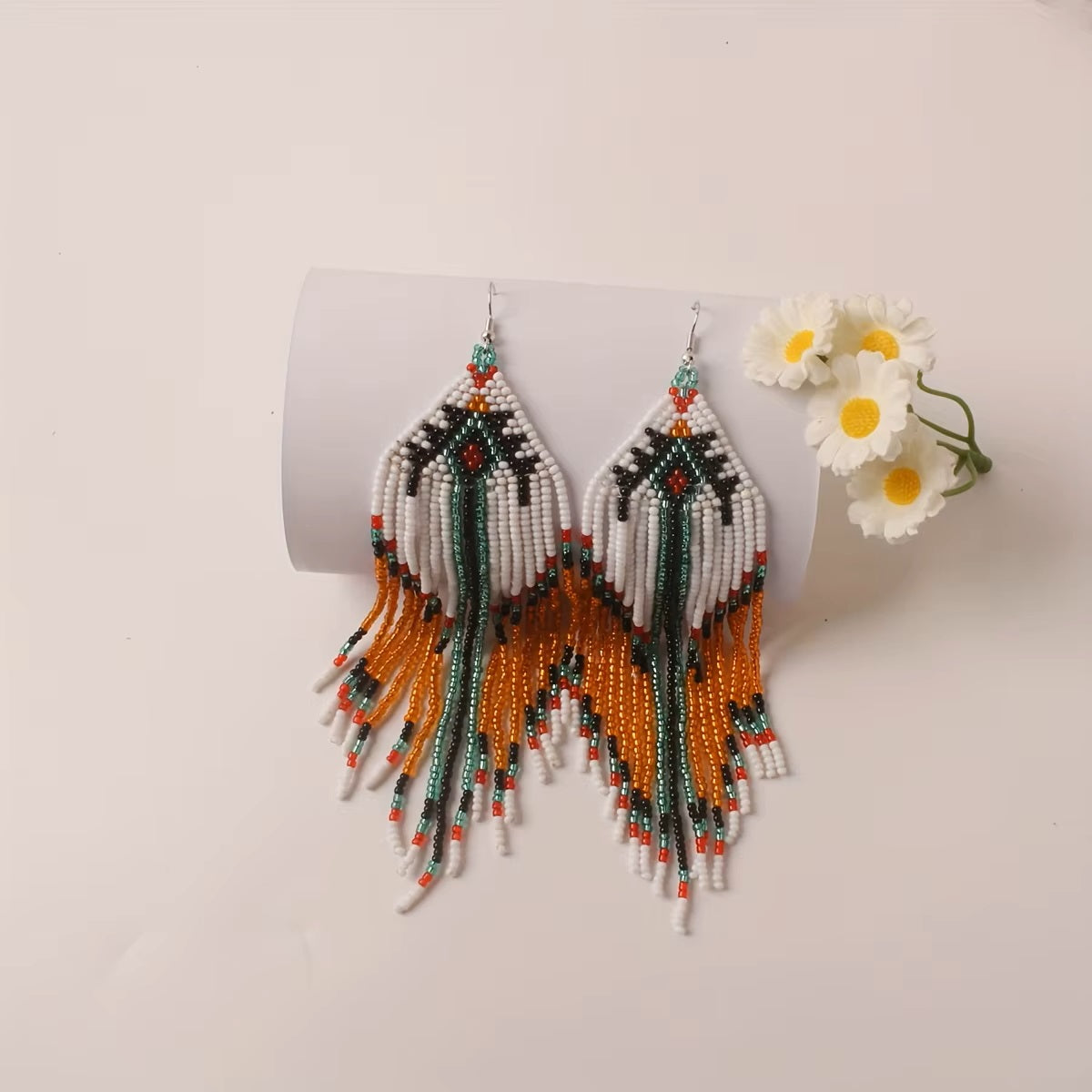 Boucles d’oreilles bohémiennes amérindiennes perlées à la main – Bijoux de cérémonie rustiques en perles et cristaux rétro