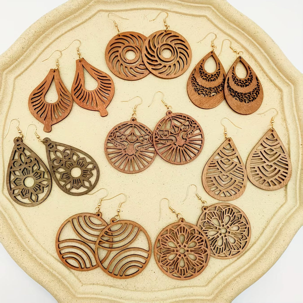 Boucles d'oreilles élégantes à pendentif creux en bois irrégulier marron