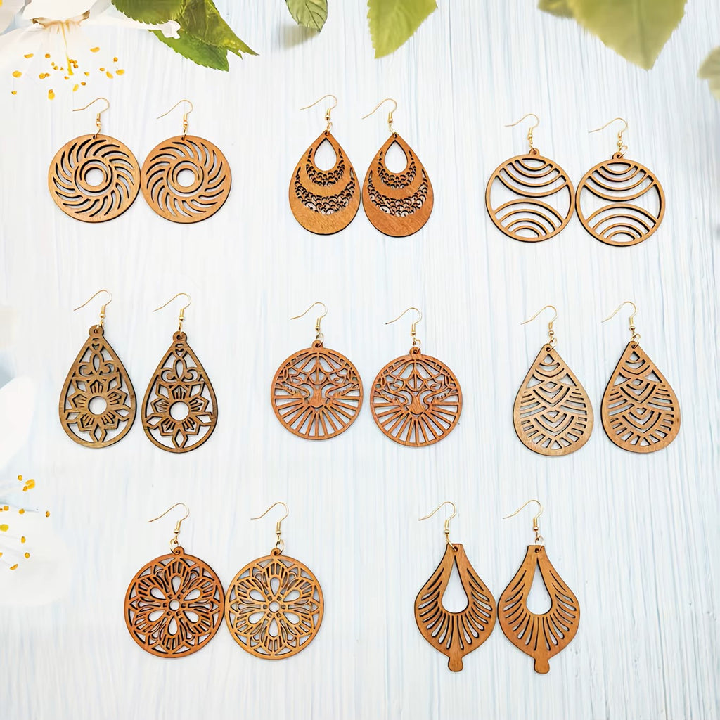 Boucles d'oreilles élégantes à pendentif creux en bois irrégulier marron