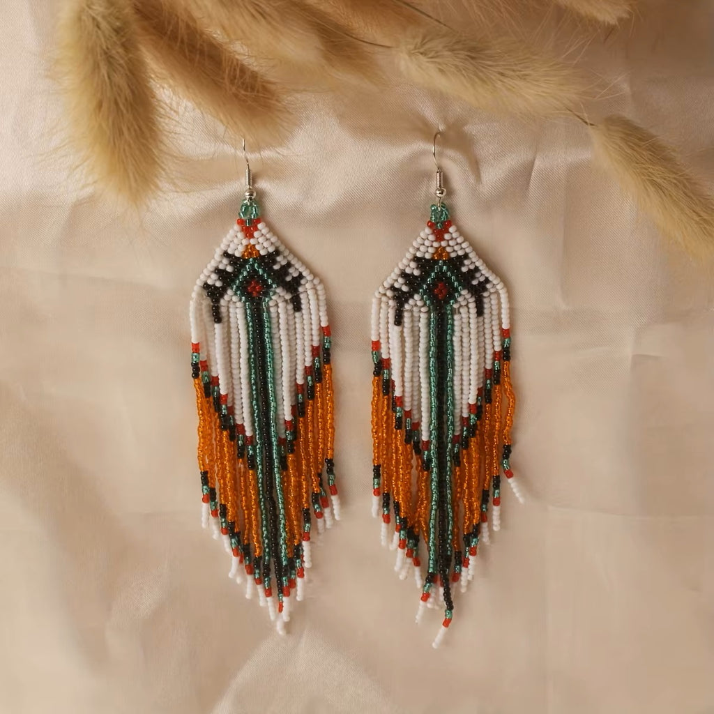 Boucles d’oreilles bohémiennes amérindiennes perlées à la main – Bijoux de cérémonie rustiques en perles et cristaux rétro