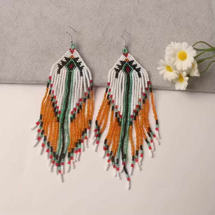 Boucles d’oreilles bohémiennes amérindiennes perlées à la main – Bijoux de cérémonie rustiques en perles et cristaux rétro